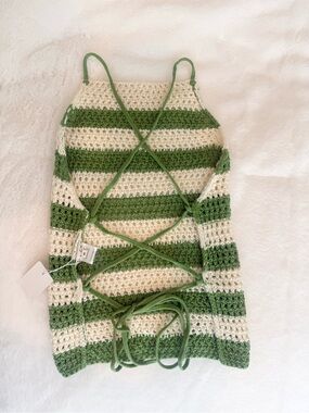 Green & Cream Crochet Lace-Up Tank